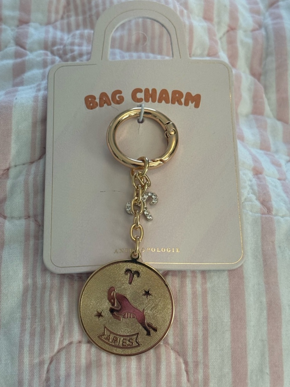 Anthropologie Gold and Pink Aries Zodiac Bag Charm - Picture 3 of 5